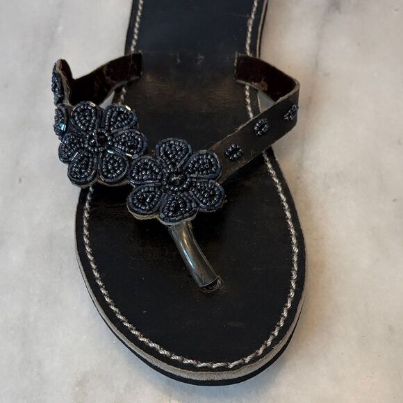 Sandals Shoes Black Floral Beaded Leather Women's Sandals - Picture 4 of 11